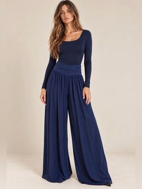 Navy Viscose Wide Leg Palazzo Pants Foldover Waist Size S-M Made in Italy